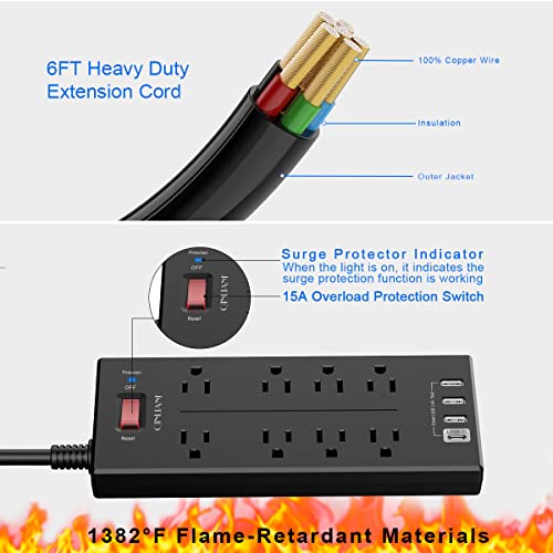 Surge Protector Power Strip - QINLIANF 6 Ft Extension Cord with 8 Outlets and 4 USB Ports, (1625W/13A), 2100 Joules, ETL Listed, Black