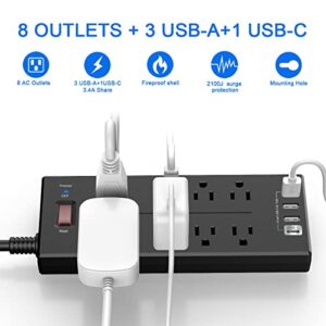 Surge Protector Power Strip - QINLIANF 6 Ft Extension Cord with 8 Outlets and 4 USB Ports, (1625W/13A), 2100 Joules, ETL Listed, Black