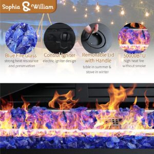 Sophia & William Propane Gas Fire Pit Table 45 Inch 50,000BTU Rectangular Outdoor Firepits for Outside Patio with Lid and Blue Fire Glass, Black