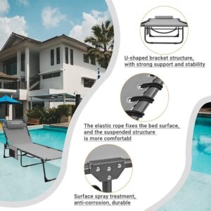 KingCamp Chaise Lounge Outdoor 5-Position Adjustable Patio Lounge Chair,Folding Tanning Chair for Lawn,Beach,Pool and Sunbathing,Portable Heavy-Duty Camping Reclining Chair with Pillow (1, Grey)