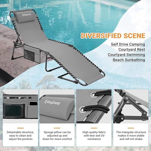 KingCamp Chaise Lounge Outdoor 5-Position Adjustable Patio Lounge Chair,Folding Tanning Chair for Lawn,Beach,Pool and Sunbathing,Portable Heavy-Duty Camping Reclining Chair with Pillow (1, Grey)