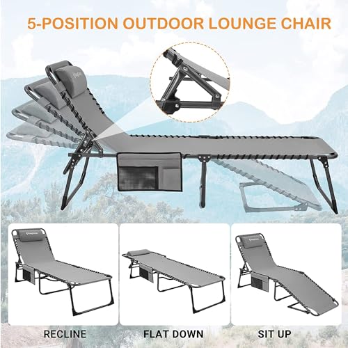 KingCamp Chaise Lounge Outdoor 5-Position Adjustable Patio Lounge Chair,Folding Tanning Chair for Lawn,Beach,Pool and Sunbathing,Portable Heavy-Duty Camping Reclining Chair with Pillow (1, Grey)