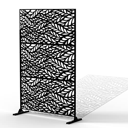 Outdoor Privacy Screen, Decorative Privacy Screen with Stand 6FT Metal Divider for Outdoor Garden Backyard Patio Free Standing, Black (Leaf)