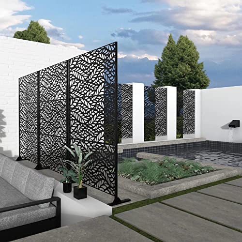 Outdoor Privacy Screen, Decorative Privacy Screen with Stand 6FT Metal Divider for Outdoor Garden Backyard Patio Free Standing, Black (Leaf)