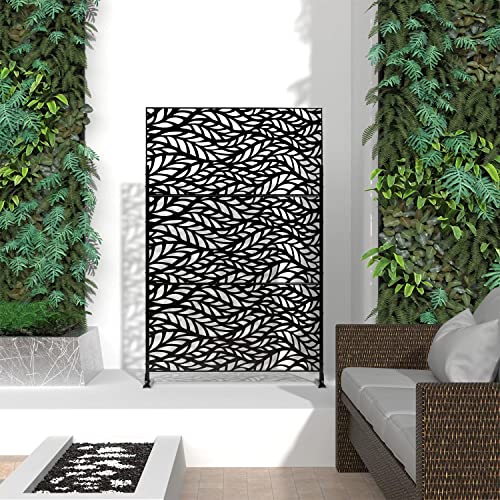 Outdoor Privacy Screen, Decorative Privacy Screen with Stand 6FT Metal Divider for Outdoor Garden Backyard Patio Free Standing, Black (Leaf)