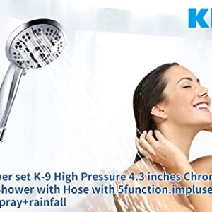 Klabb shower set K-9 High Pressure 4.3 inches Chrome Face Handheld Shower with Hose with 5 function.impluse+trickle+massage+spray+rainfall