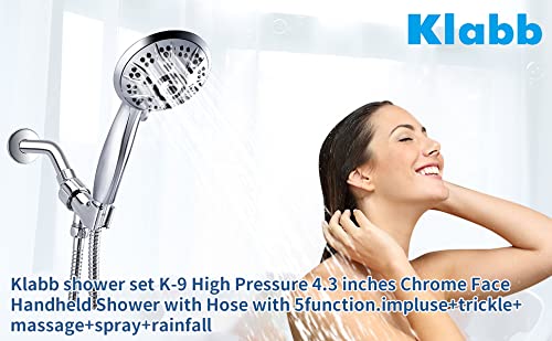 Klabb shower set K-9 High Pressure 4.3 inches Chrome Face Handheld Shower with Hose with 5 function.impluse+trickle+massage+spray+rainfall