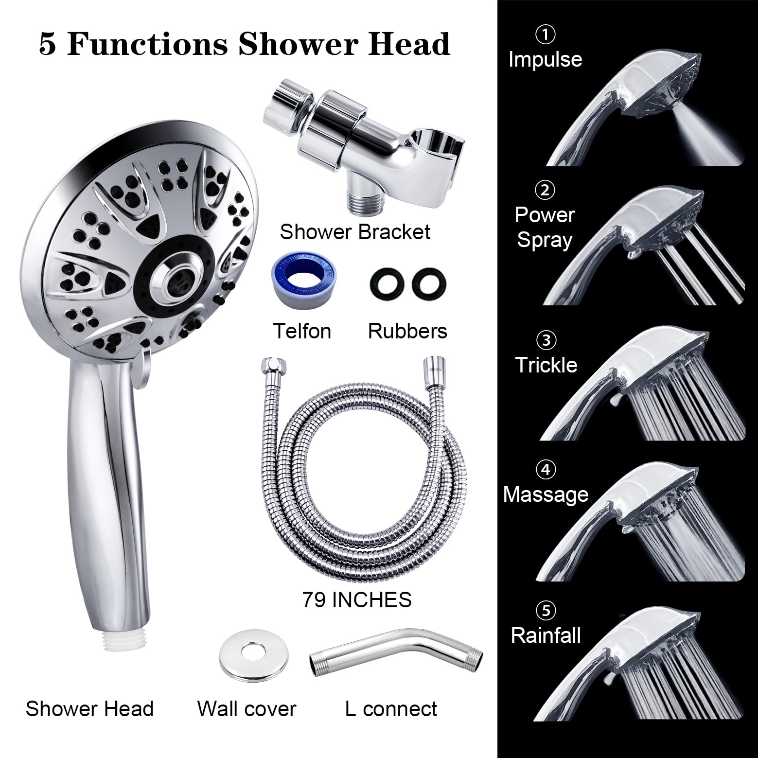 Klabb shower set K-9 High Pressure 4.3 inches Chrome Face Handheld Shower with Hose with 5 function.impluse+trickle+massage+spray+rainfall