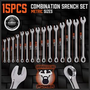 HORUSDY 15-Piece Metric Wrench Sets, V Notch Premium Combination Wrench Set Metric 8-22mm, Max Torque, 12-Point, Chrome Vanadium Steel, with Storage Rack