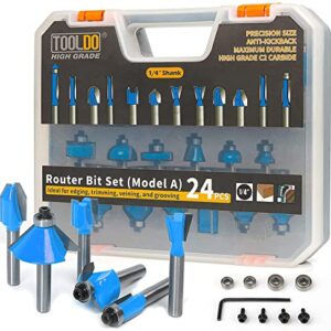 TOOLDO Router Bit Set 24 Pieces, 24A (24 pcs Model A）, 1/4 inch Shank, Professional Router Bit Kit for DIY, Woodworking Project, High Grade with Bearing