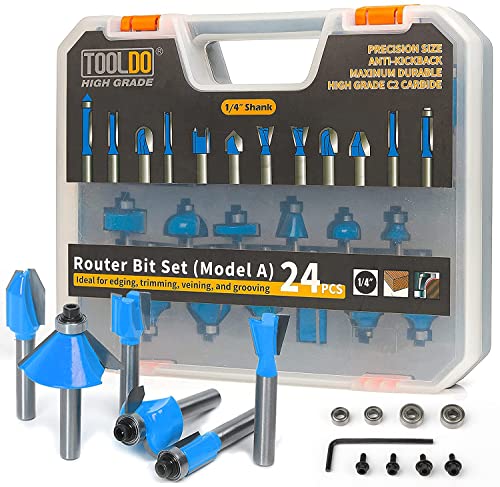 TOOLDO Router Bit Set 24 Pieces, 24A (24 pcs Model A）, 1/4 inch Shank, Professional Router Bit Kit for DIY, Woodworking Project, High Grade with Bearing