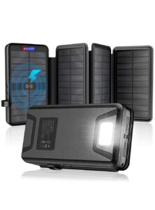 solar-charger-power-bank - 35800mah with dual 5v3.1a outputs 10w qi wireless charger waterproof built-in 4 solar panel and bright flashlights