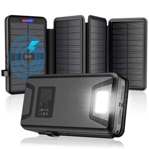 Solar-Charger-Power-Bank - 35800mAh with Dual 5V3.1A Outputs 10W Qi Wireless Charger Waterproof Built-in 4 Solar Panel and Bright Flashlights