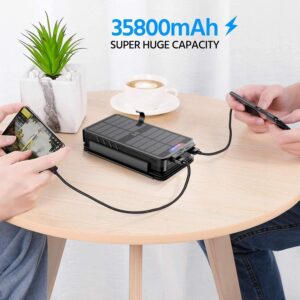 Solar-Charger-Power-Bank - 35800mAh with Dual 5V3.1A Outputs 10W Qi Wireless Charger Waterproof Built-in 4 Solar Panel and Bright Flashlights