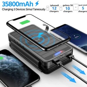 Solar-Charger-Power-Bank - 35800mAh with Dual 5V3.1A Outputs 10W Qi Wireless Charger Waterproof Built-in 4 Solar Panel and Bright Flashlights