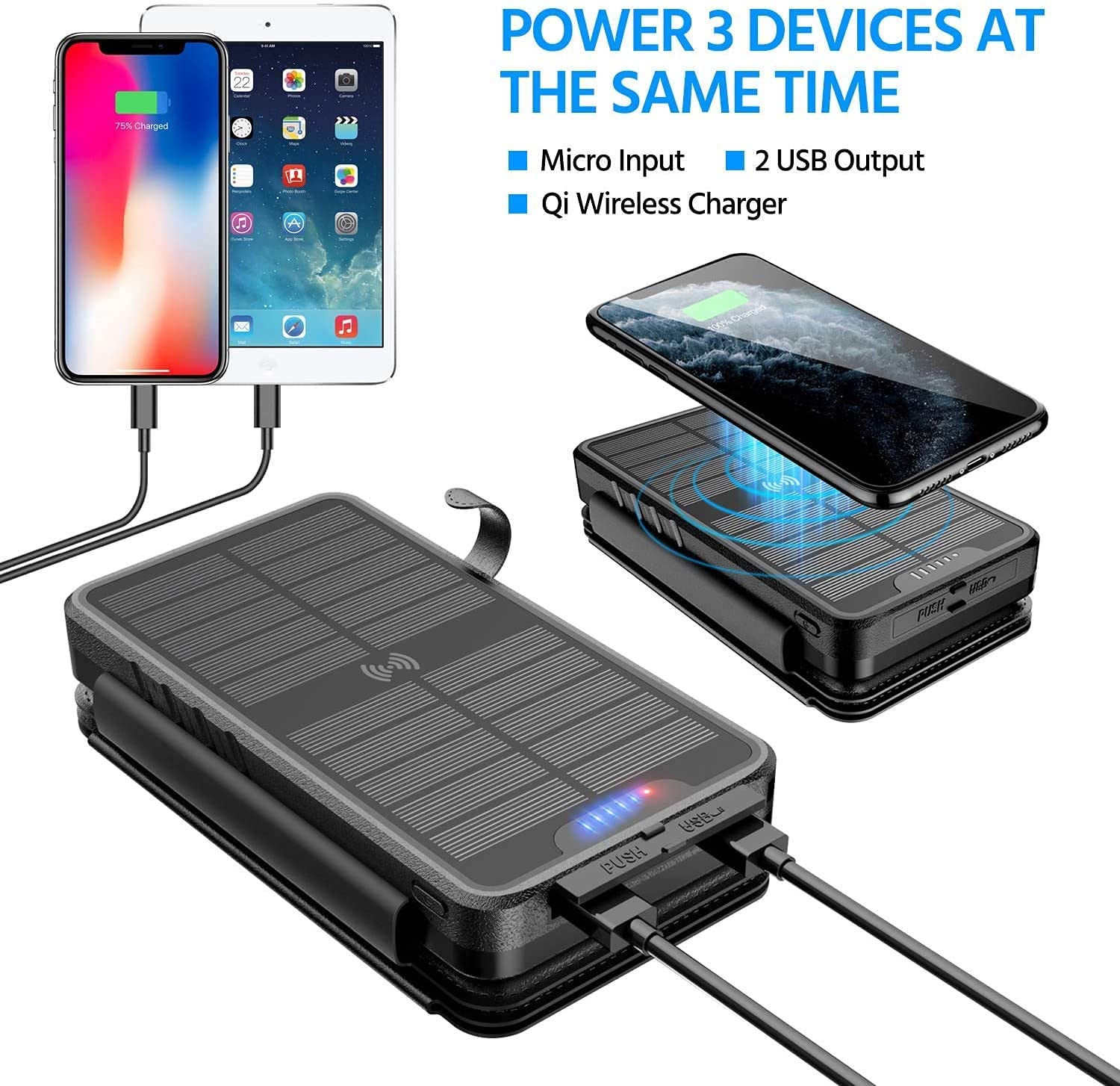 Solar-Charger-Power-Bank - 35800mAh with Dual 5V3.1A Outputs 10W Qi Wireless Charger Waterproof Built-in 4 Solar Panel and Bright Flashlights