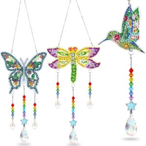 jetec 3 pieces diamond painting suncatcher wind chime double sided crystal gem paint by number diamond painting hanging ornament for home garden adults kids (dragonfly, butterfly, hummingbird)