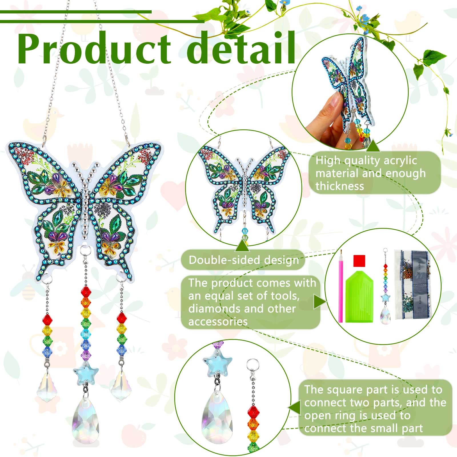 Jetec 3 Pieces Diamond Painting Suncatcher Wind Chime Double Sided Crystal Gem Paint by Number Diamond Painting Hanging Ornament for Home Garden Adults Kids (Dragonfly, Butterfly, Hummingbird)