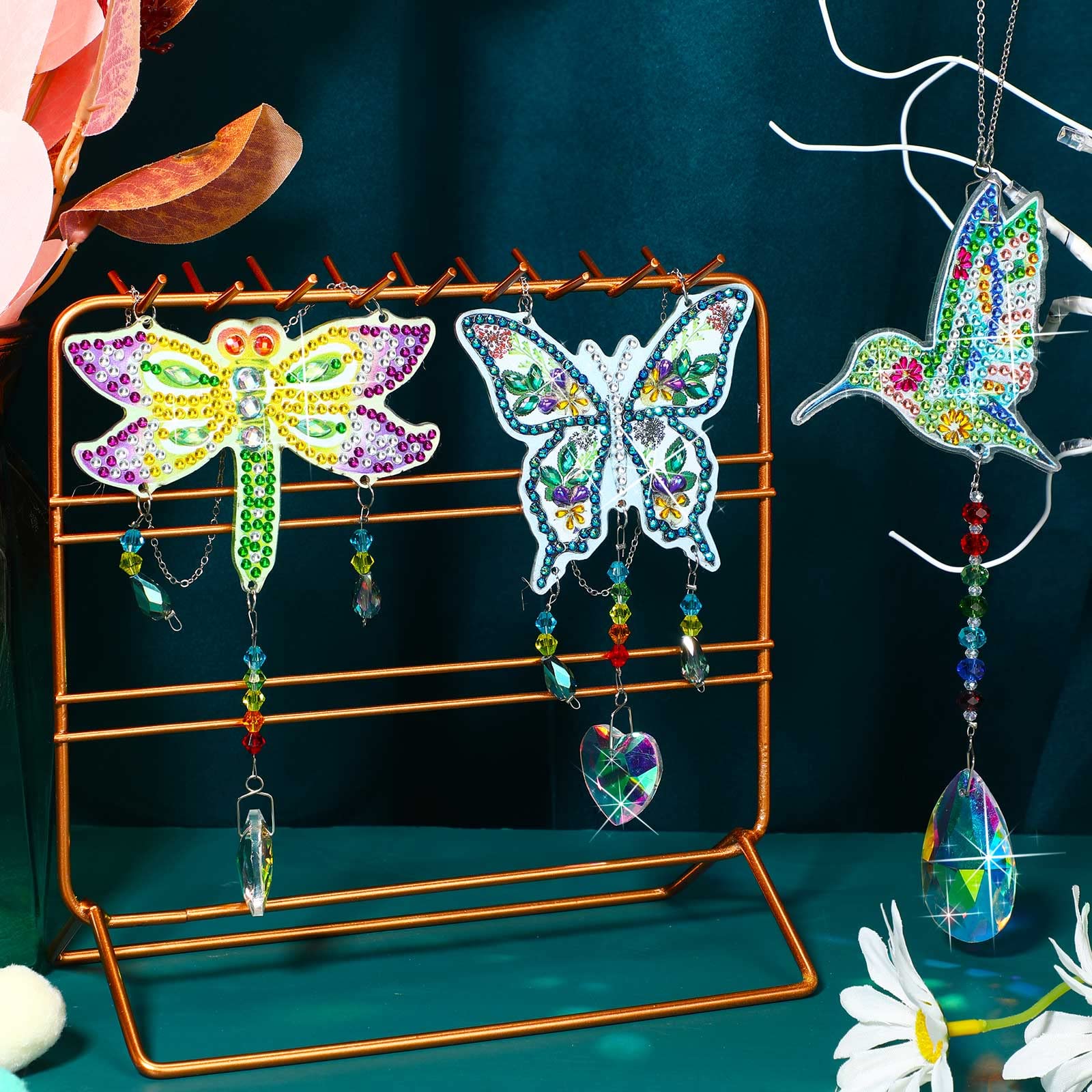 Jetec 3 Pieces Diamond Painting Suncatcher Wind Chime Double Sided Crystal Gem Paint by Number Diamond Painting Hanging Ornament for Home Garden Adults Kids (Dragonfly, Butterfly, Hummingbird)