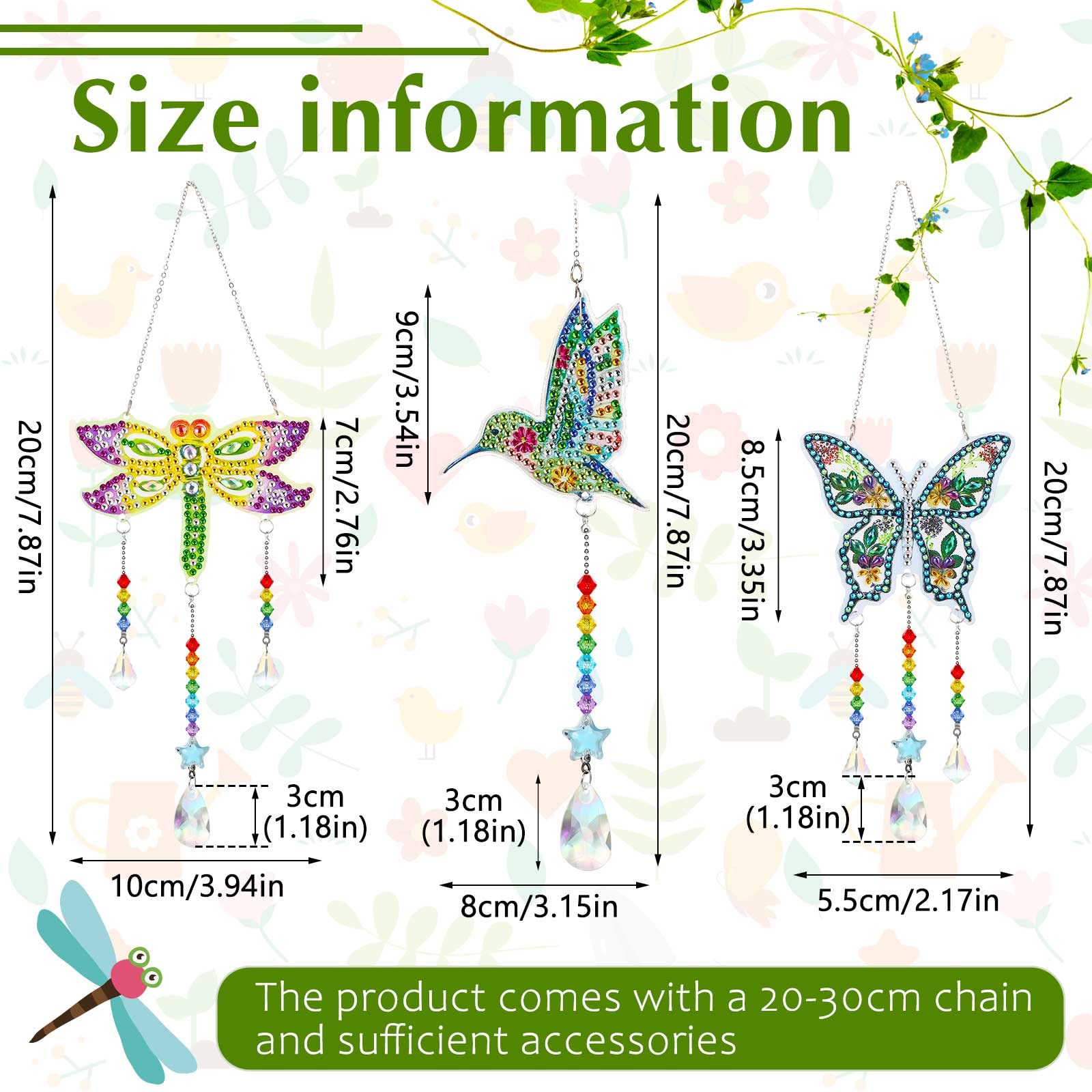 Jetec 3 Pieces Diamond Painting Suncatcher Wind Chime Double Sided Crystal Gem Paint by Number Diamond Painting Hanging Ornament for Home Garden Adults Kids (Dragonfly, Butterfly, Hummingbird)