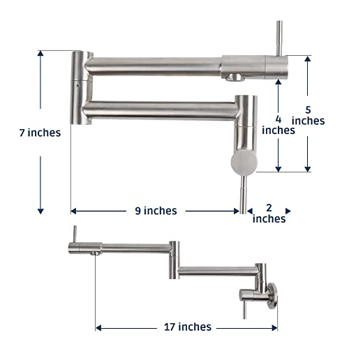 Allkorma Pot Filler Faucet Brushed Nickel, Wall Mount Kitchen Stainless Steel Faucets, 19.7" Folding Stretchable Faucet, 2 Joint Swing Arm with 2 Handles