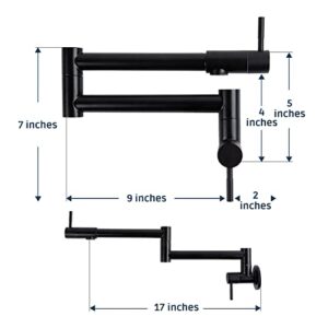 Allkorma Pot Filler Faucet Matte Black, Wall Mount Kitchen Stainless Steel Faucets, 19.7" Folding Stretchable Faucet, 2 Joint Swing Arm with 2 Handles