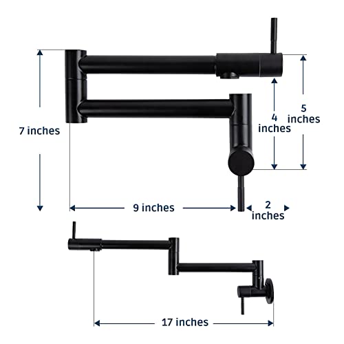 Allkorma Pot Filler Faucet Matte Black, Wall Mount Kitchen Stainless Steel Faucets, 19.7" Folding Stretchable Faucet, 2 Joint Swing Arm with 2 Handles