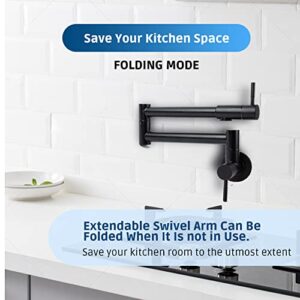 Allkorma Pot Filler Faucet Matte Black, Wall Mount Kitchen Stainless Steel Faucets, 19.7" Folding Stretchable Faucet, 2 Joint Swing Arm with 2 Handles