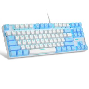 magegee 75% mechanical gaming keyboard with red switch, led blue backlit keyboard, 87 keys compact tkl wired computer keyboard for windows laptop pc gamer - white/blue