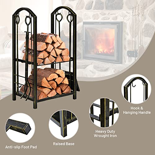 Goplus Firewood Rack with 4 Fireplace Tools, Wrought Iron Log Holders with Poker, Tong, Brush and Shovel, Indoor Outdoor Lumbar Storage Rack, Fireplace Tools Sets for Fire Pit, Wood Stove, Bronze