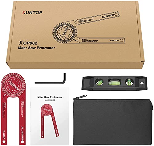 Miter Saw Protractor, XUNTOP 7-Inch Aluminum Miter Protractor with Mini Level Gauge Rust Proof Angle Finder Featuring Precision Laser Engraved Scales for Carpentry, Crown Molding, Baseboard, DIY-Red