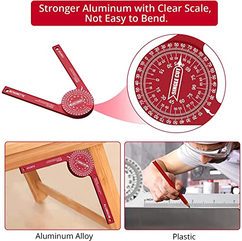 Miter Saw Protractor, XUNTOP 7-Inch Aluminum Miter Protractor with Mini Level Gauge Rust Proof Angle Finder Featuring Precision Laser Engraved Scales for Carpentry, Crown Molding, Baseboard, DIY-Red