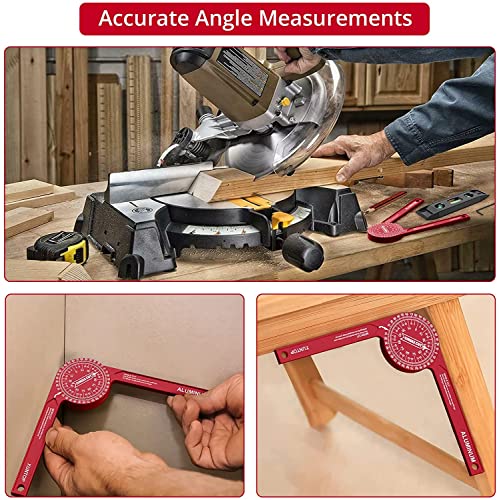 Miter Saw Protractor, XUNTOP 7-Inch Aluminum Miter Protractor with Mini Level Gauge Rust Proof Angle Finder Featuring Precision Laser Engraved Scales for Carpentry, Crown Molding, Baseboard, DIY-Red