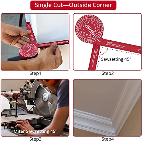 Miter Saw Protractor, XUNTOP 7-Inch Aluminum Miter Protractor with Mini Level Gauge Rust Proof Angle Finder Featuring Precision Laser Engraved Scales for Carpentry, Crown Molding, Baseboard, DIY-Red