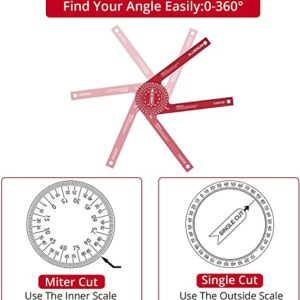 Miter Saw Protractor, XUNTOP 7-Inch Aluminum Miter Protractor with Mini Level Gauge Rust Proof Angle Finder Featuring Precision Laser Engraved Scales for Carpentry, Crown Molding, Baseboard, DIY-Red