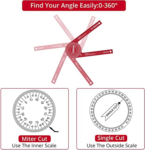 Miter Saw Protractor, XUNTOP 7-Inch Aluminum Miter Protractor with Mini Level Gauge Rust Proof Angle Finder Featuring Precision Laser Engraved Scales for Carpentry, Crown Molding, Baseboard, DIY-Red