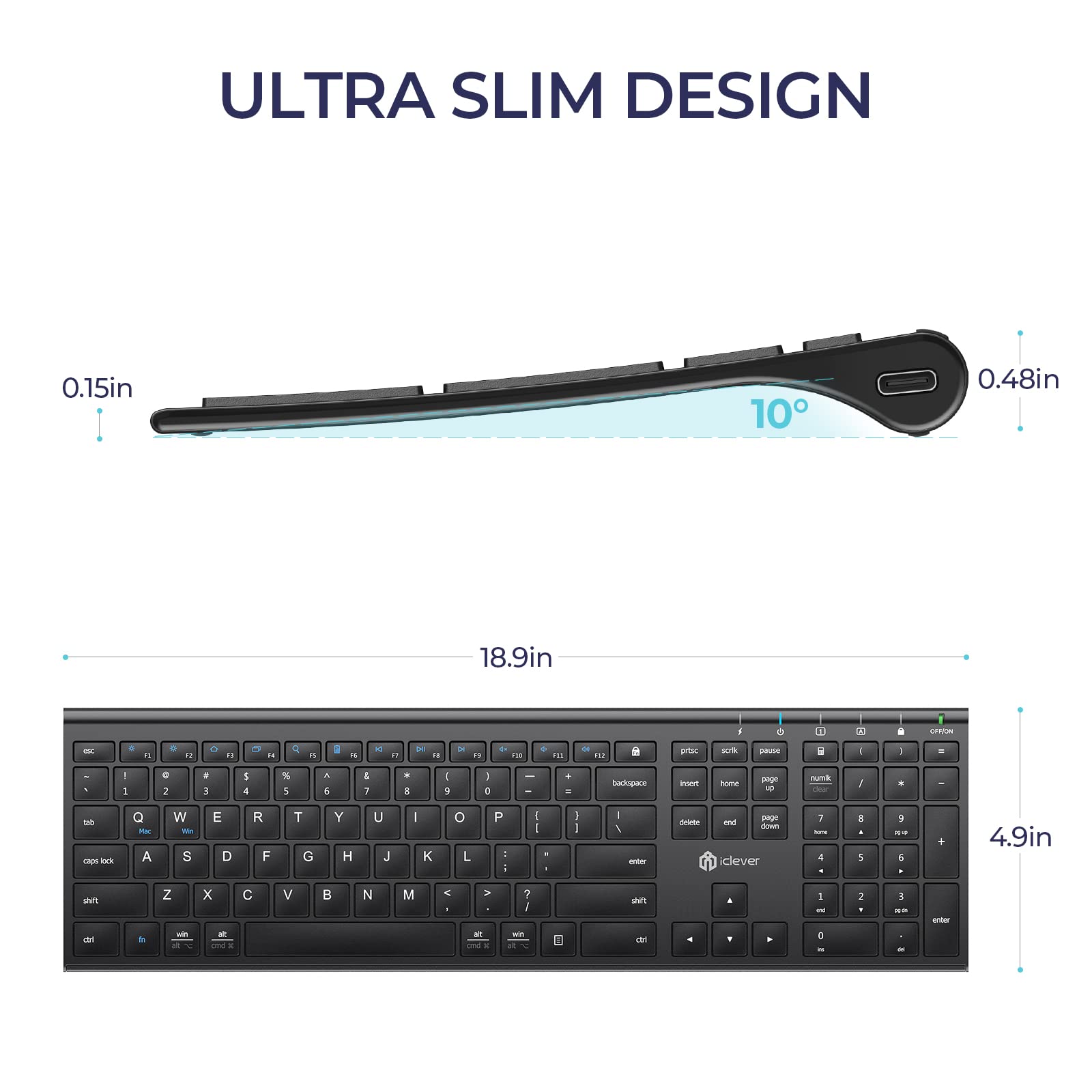 iClever USB C Wireless Keyboard, 2.4G Silent Ultra Slim Full Size Wireless Keyboard with Numeric Keypad for Mac, Windows, Computer, PC, Laptop, Desktop, Rechargeable Battery, Black