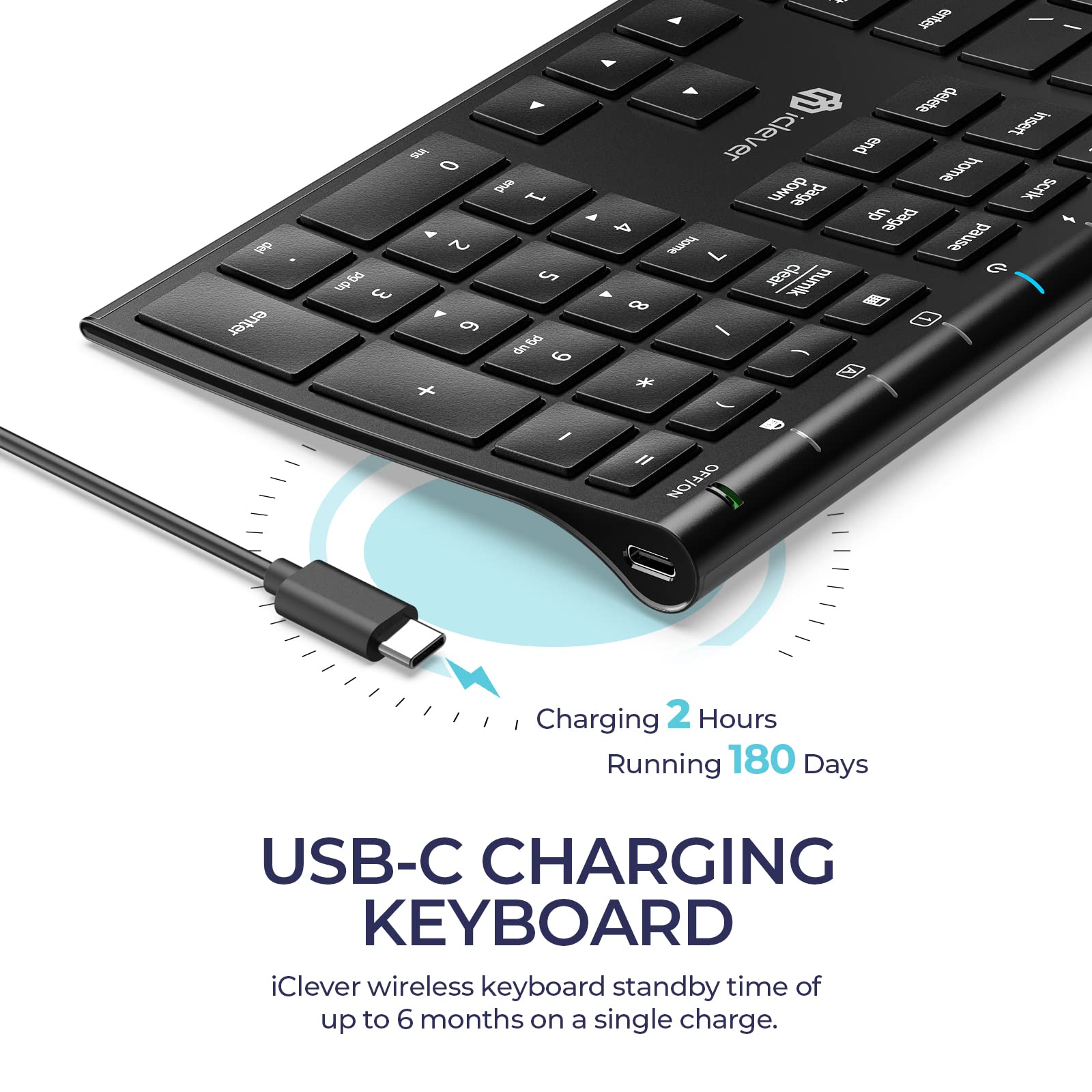 iClever USB C Wireless Keyboard, 2.4G Silent Ultra Slim Full Size Wireless Keyboard with Numeric Keypad for Mac, Windows, Computer, PC, Laptop, Desktop, Rechargeable Battery, Black