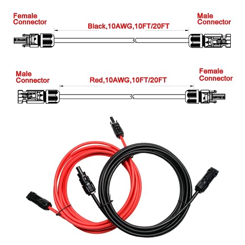 Trisinger 20FT 10AWG Solar Panel Extension Cable,1500V 70A Solar Cable, with IP68 PV Female and Male Connector,1 Black+1 Red (20)