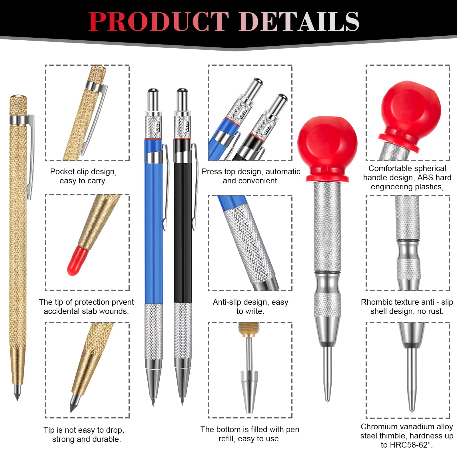 8 Pieces Carpenter Scriber Marking Kit Includes 4 Mechanical Carpenter Pencils, 2 Packs Marker Refills, Metal Carbide Scriber and Automatic Center Punch Woodworker Tool for Glass, Ceramics, Steel