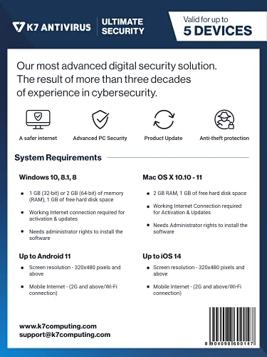 K7 Ultimate Security Antivirus Software 2024 | 5 Devices, 1 Year- (Voucher Activation Key card)