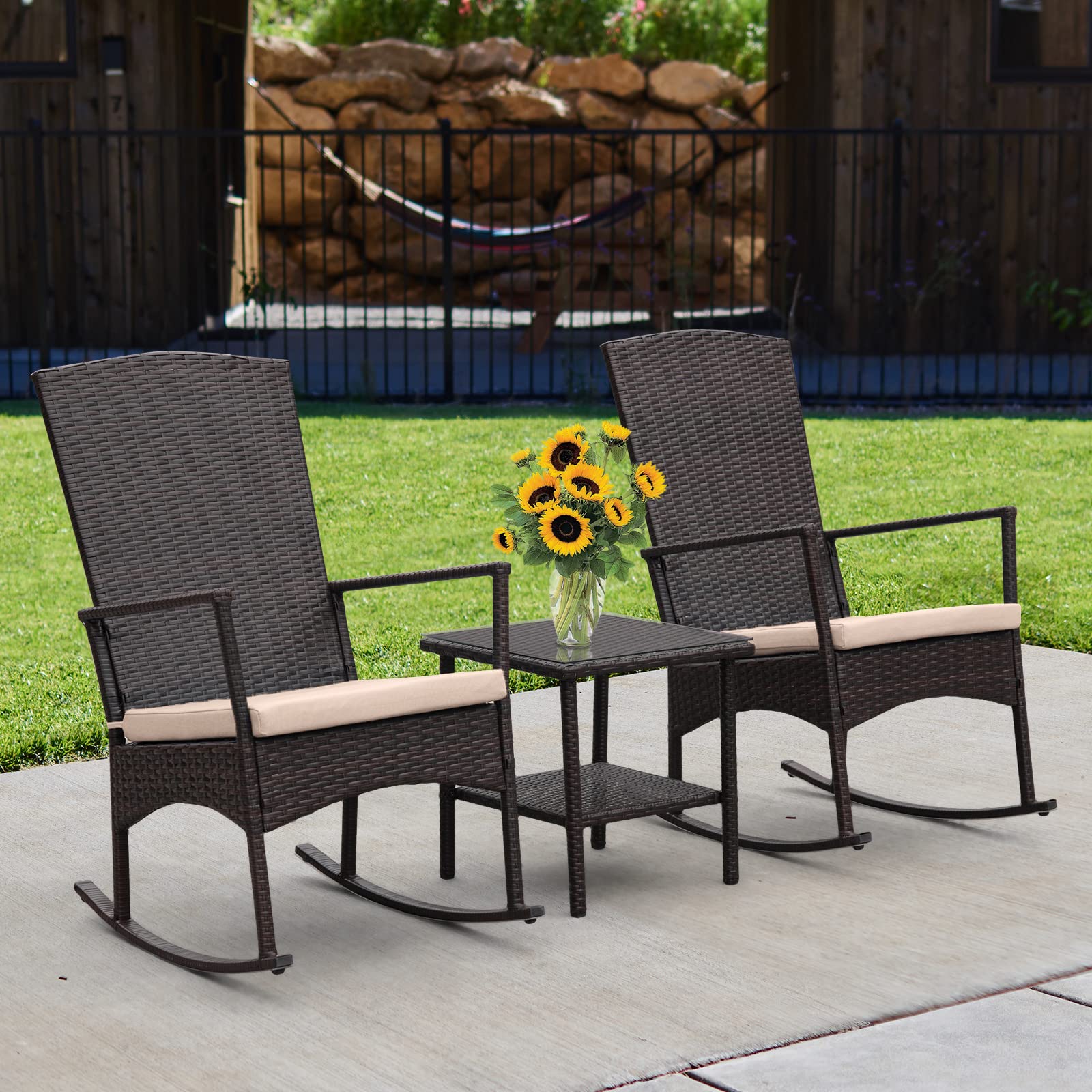 Outdoor PE Wicker Porch Rocking Chair 3 Piece Patio Bistro Set Garden Conversation Furniture Brown Rattan with Glass Coffee Table, Khaki Cushion