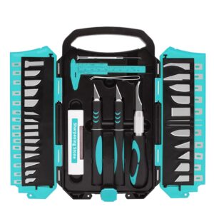 manufore 34pcs large exacto knife set deluxe craft precision knife set include 3pcs craft knives with anti-slip rubber grip, 25pcs different blades, 2pcs needles, sharpening stone, screwdriver