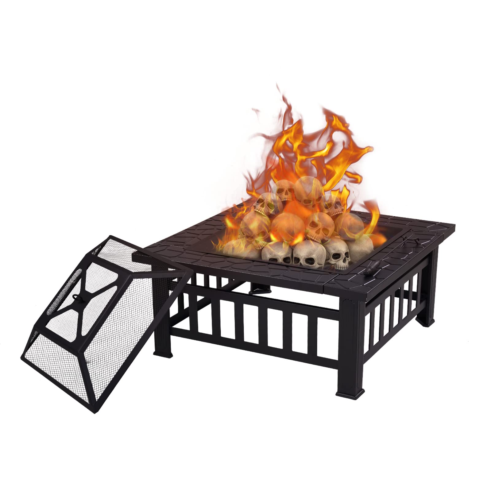 Grand Patio Fire Pits for Outside,Round Deep Bonfire Wood Burning Fire Pit with Spark Screen Cover Safe Mesh Lid and Poker