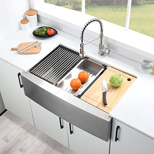 33 Inch Farmhouse Sink - Loftus Apron Front Kitchen Sink 16 Gauge Stainless Steel Workstation Ledge Deep Single Bowl Farm Sink with Accessories