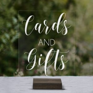 Cards and Gifts Acrylic Sign With Acrylic Base | 8x10 Lucite Wedding Decor | Acrylic Wedding Cards Table Sign (5X7, Dark Walnut Stand)