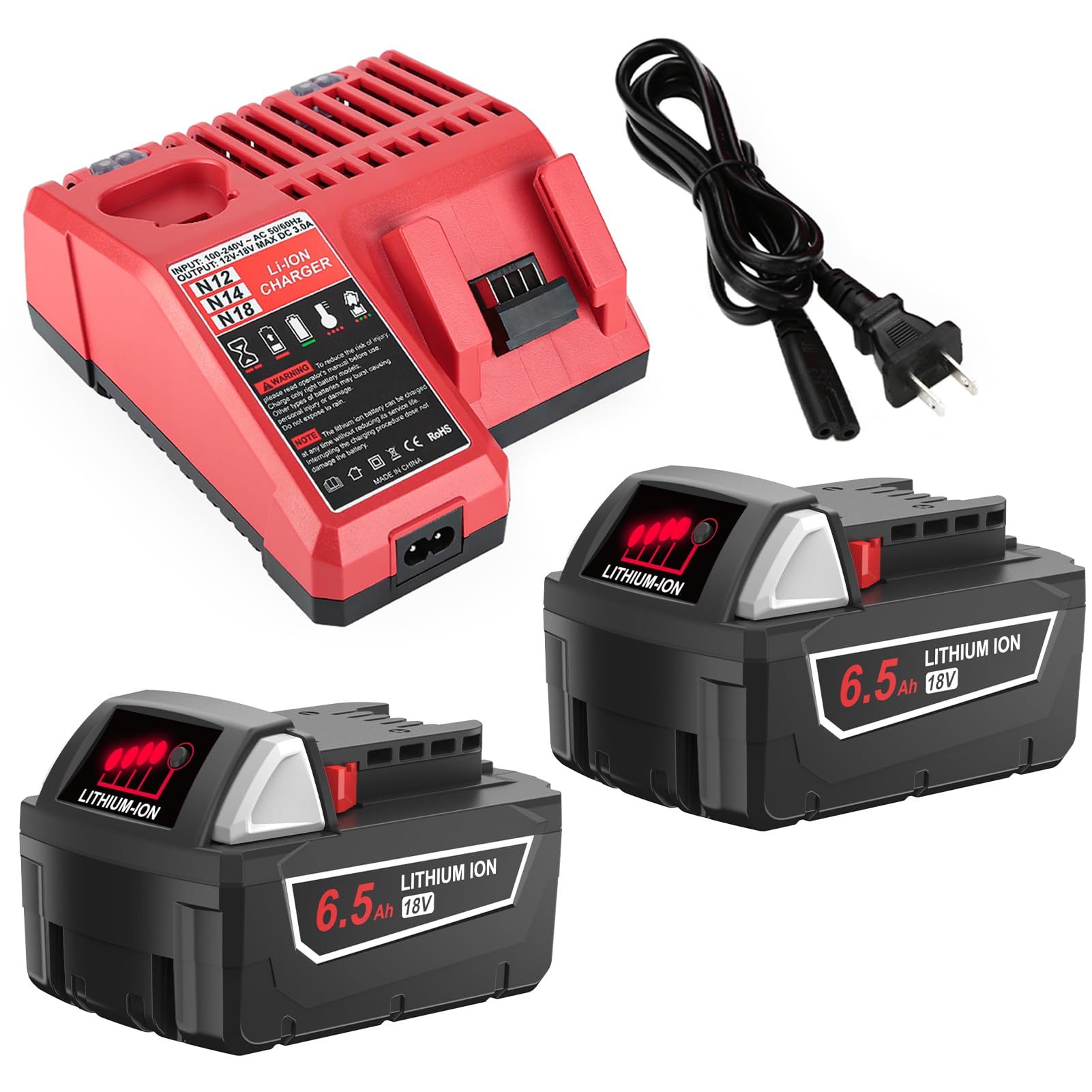 ANTRobut 2Pack 6.5Ah 18V Battery for Milwaukee M18 Battery and Charger Compatible with Milwaukee 48-11-1852 48-11-1850 48-11-1862 48-11-1865 M18 Batteries