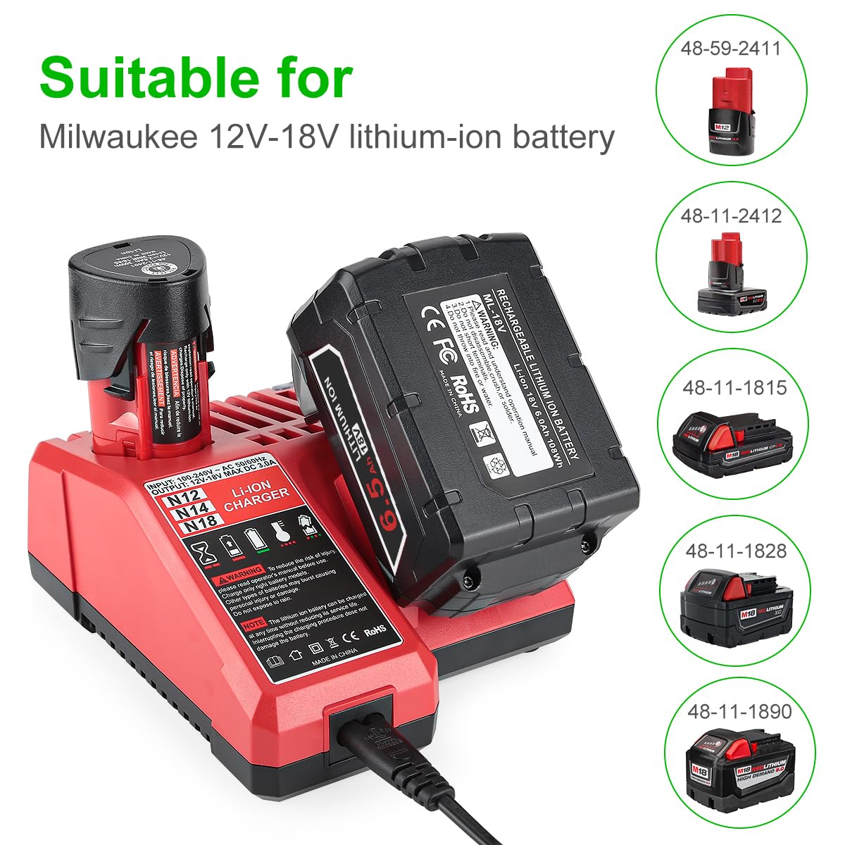 ANTRobut 2Pack 6.5Ah 18V Battery for Milwaukee M18 Battery and Charger Compatible with Milwaukee 48-11-1852 48-11-1850 48-11-1862 48-11-1865 M18 Batteries