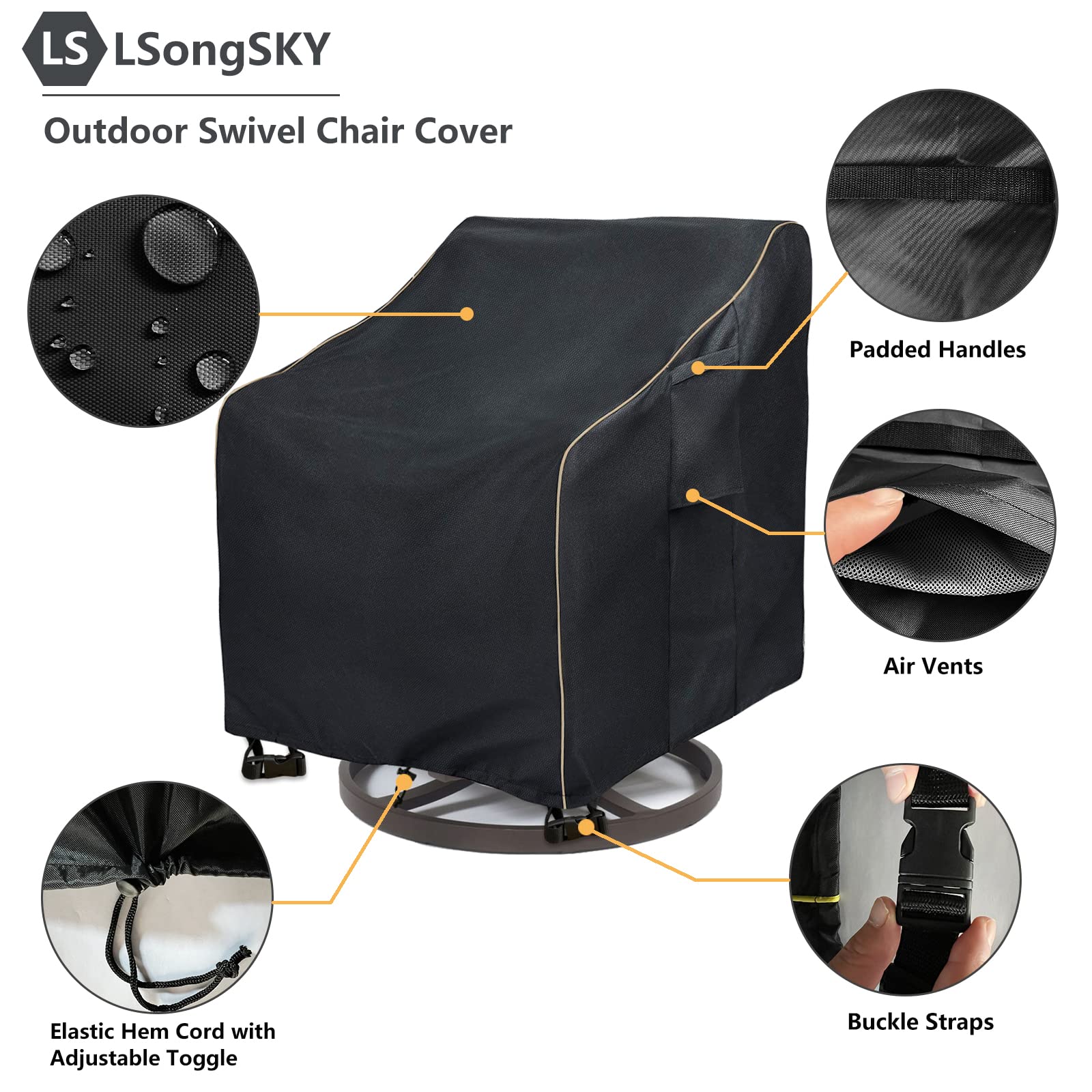 LSongSKY Outdoor Swivel Lounge Chair Cover 2 Pack,Waterproof Heavy Duty Patio Rocking Chair Covers for Outdoor Furniture,(30 W x 34 D x 38.5 H inches),Black