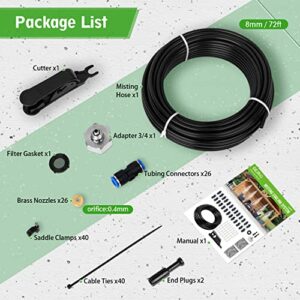 GEJRIO Mister System for Outside Patio，Outdoor Mister with 72FT Misting Hose，Patio Misters for Cooling with 26 Brass Mist Nozzles & an Adapter (3/4")，Misting Cooling System for Garden and Porch